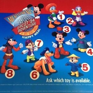 8 Complete Set NEW McDonalds 1994 Disney Epcot Adventures Mickey & Friends Toys